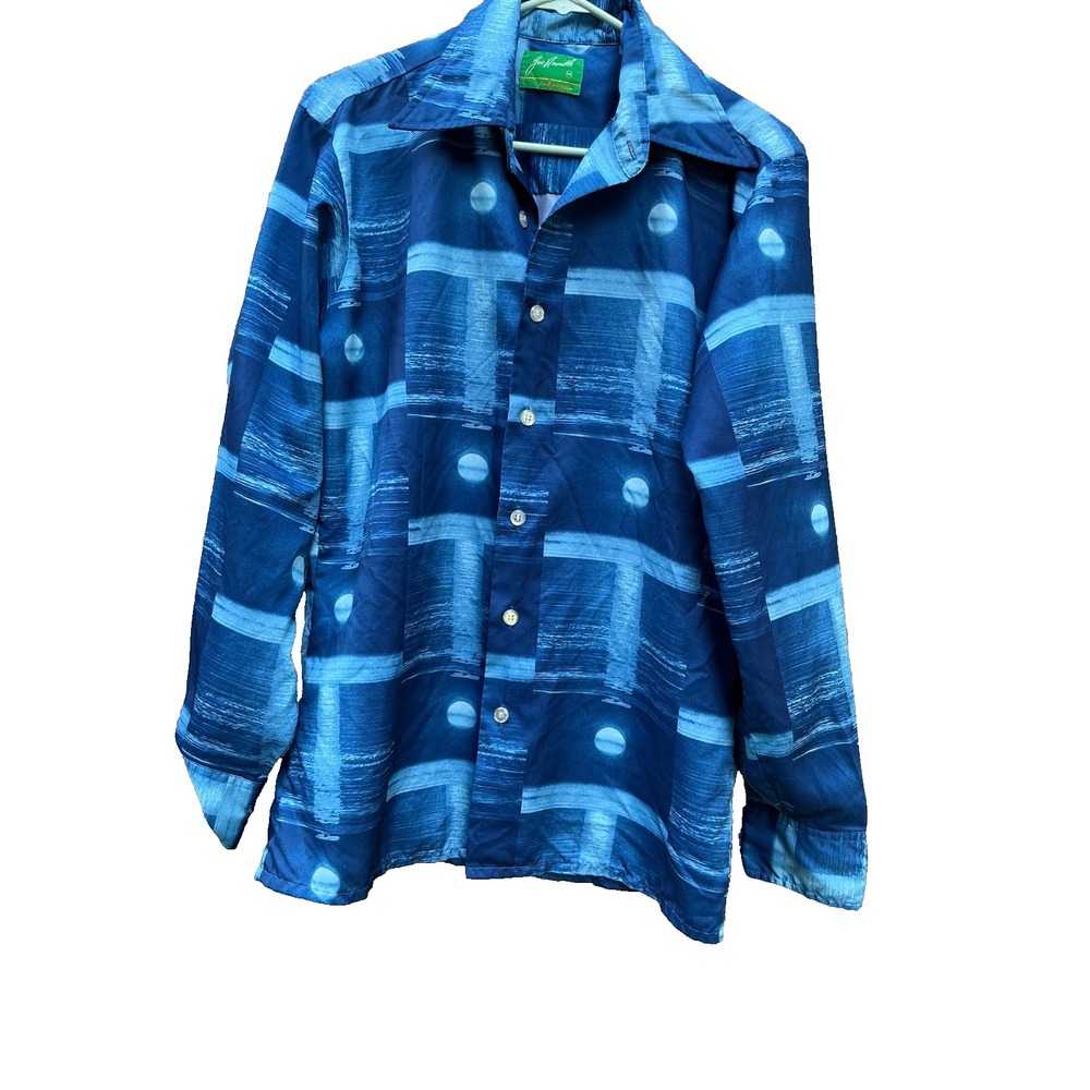 Vintage 70s Joe Namath Arrow Label Blue Print long Sleeve Shirt Men's Hipster M